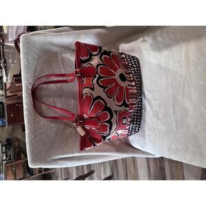 Coach Floral Print Tote Handbag with Red Leather Accents